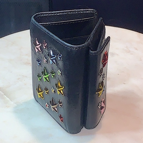 JIMMY CHOO NEMO BLACK RAINBOW STAR MIX TRIFOLD WALLET RARE LEATHER - Picture 7 of 15